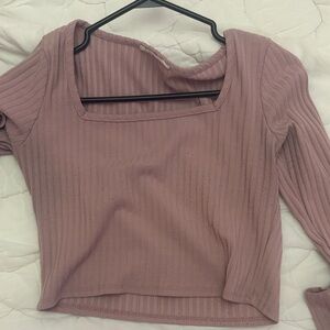 Square-Neck Ribbed Long Sleeve Top - Mauve